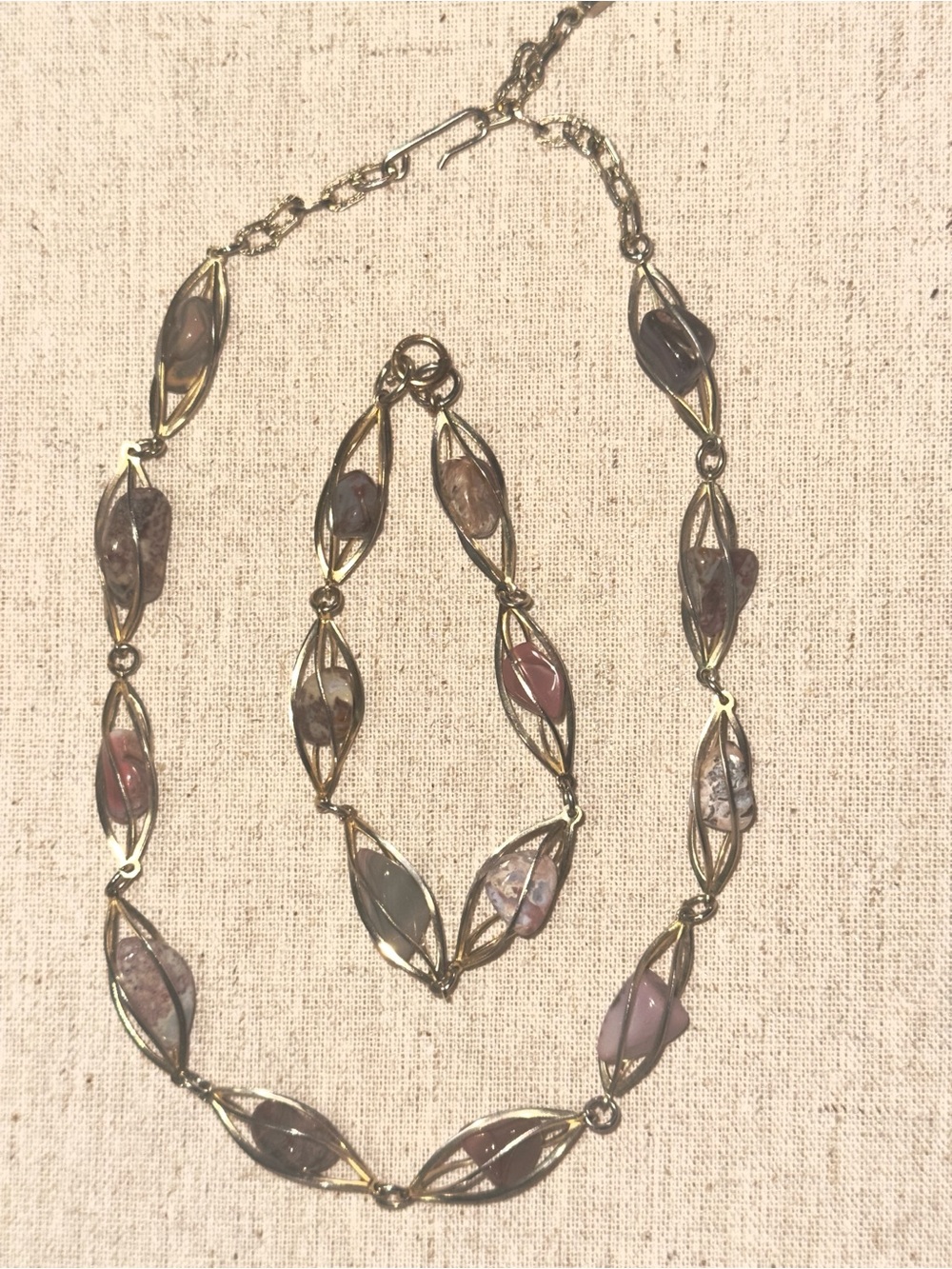 Women’s Pink Caged Stone Link Necklace and Bracelet Set